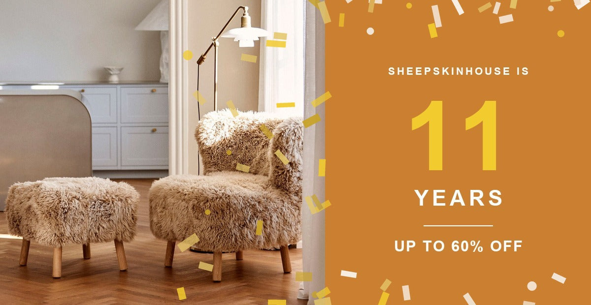 Sheepskinhouse täyttää 11 vuotta, jopa 60 prosentin alennus. Kiharaa lampaantaljaa istuimilla valoisassa keittiössä, kultaista konfettia.