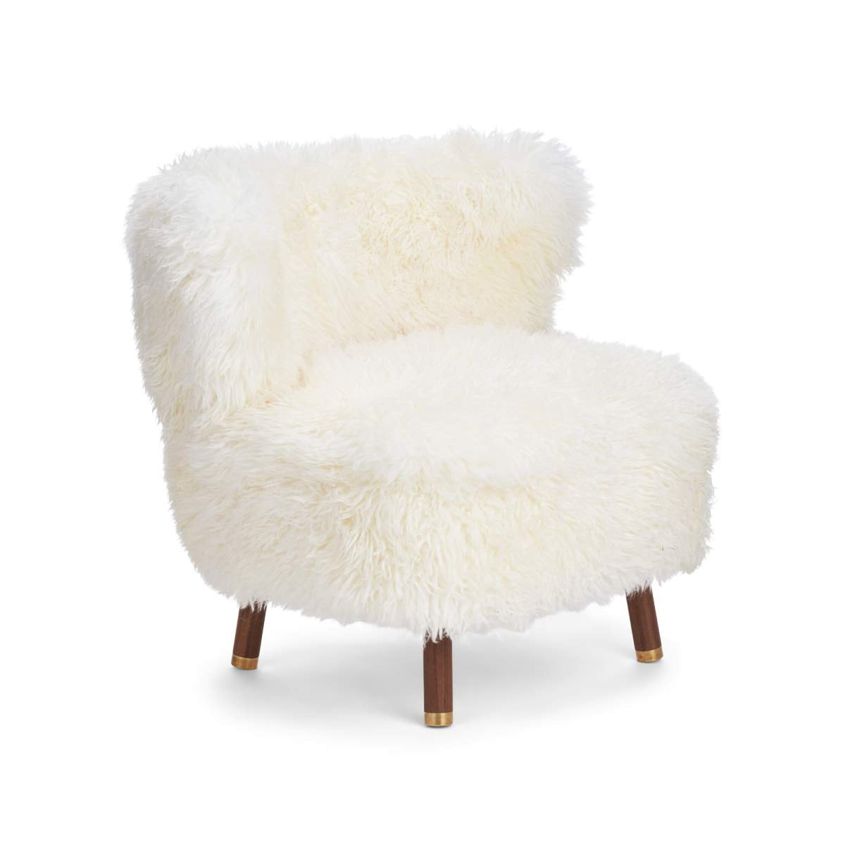 Emil Lounge Chair | Pitkä Villa Lumivalkoinen / Pähkinäpuujalat messingillä