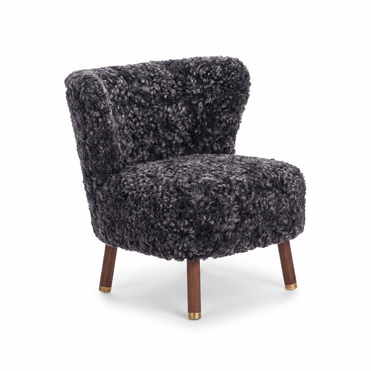 Emil Lounge Chair | Lyhyt villa Antrasiitti / Pähkinäpuujalat messingillä