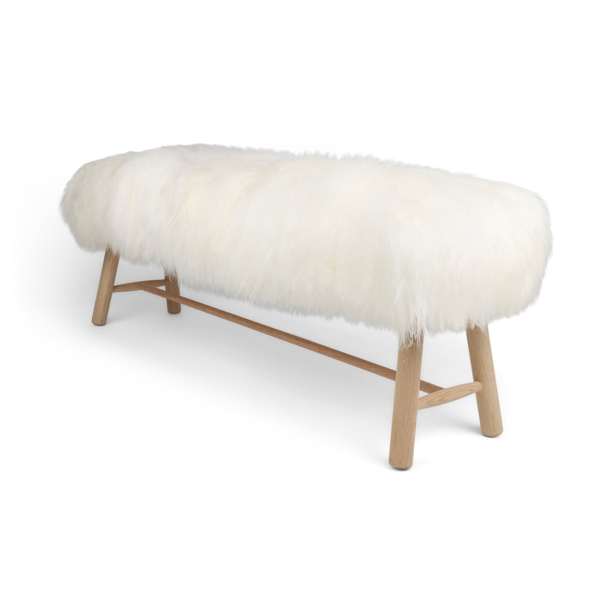 Theo-penkki | Islantilainen lampaannahka | 140x35x45 cm Luonnonvalkoinen / Tammijalat
