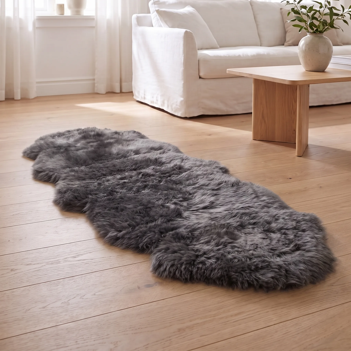 Merino-lampaannahka, kaksinkertainen | Pitkä villa | 170x60 cm Teräs